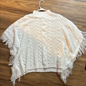 SHEIN Ivory Cable Knit Fringe Poncho